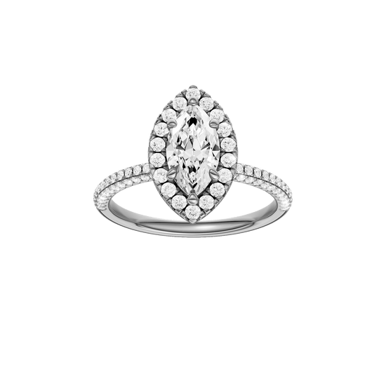 Marquise-cut diamond engagement ring with a pavé-set diamond band and halo setting.