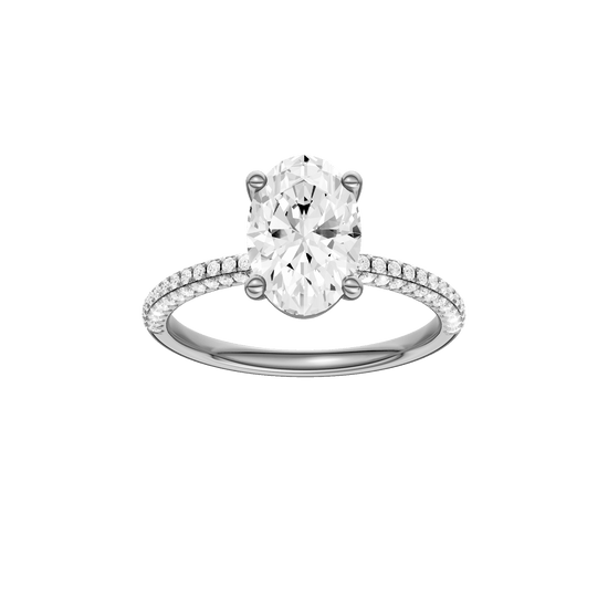 Oval-cut diamond engagement ring with a pavé-set diamond band and solitaire setting.