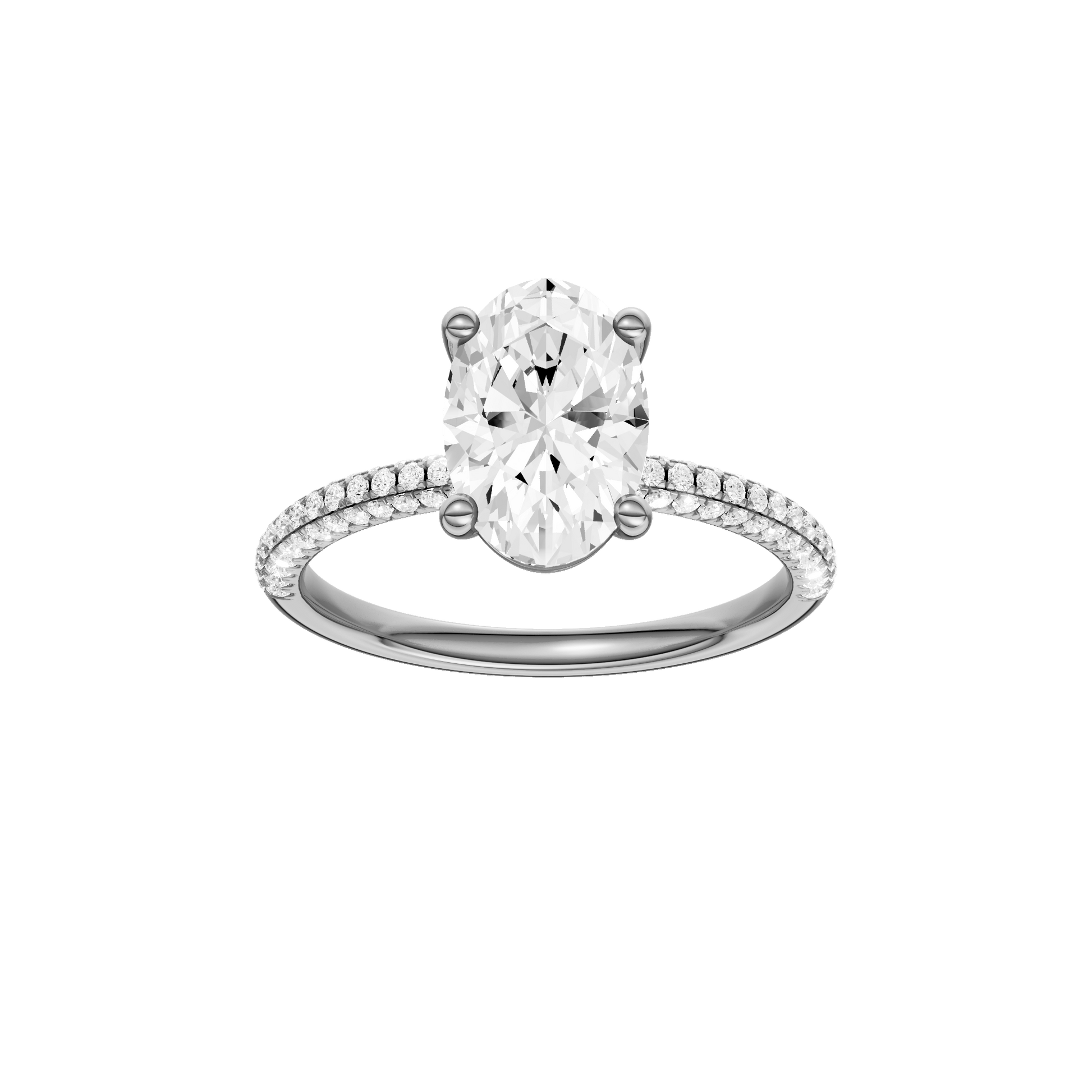 Oval-cut diamond engagement ring with a pavé-set diamond band and solitaire setting.