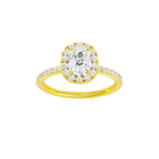 Elongated cushion-cut diamond engagement ring with a prong-set diamond band and halo setting.
