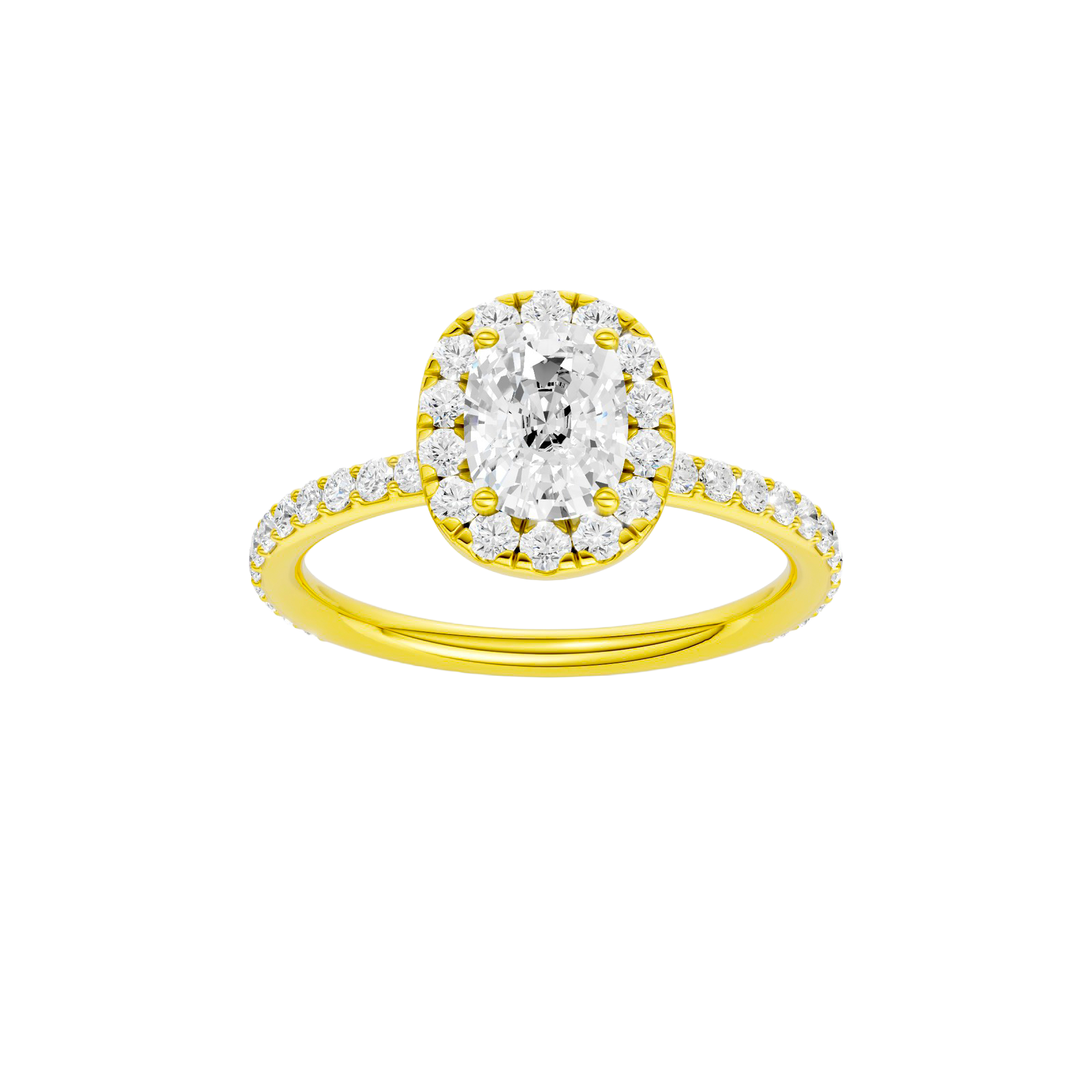 Elongated cushion-cut diamond engagement ring with a prong-set diamond band and halo setting.