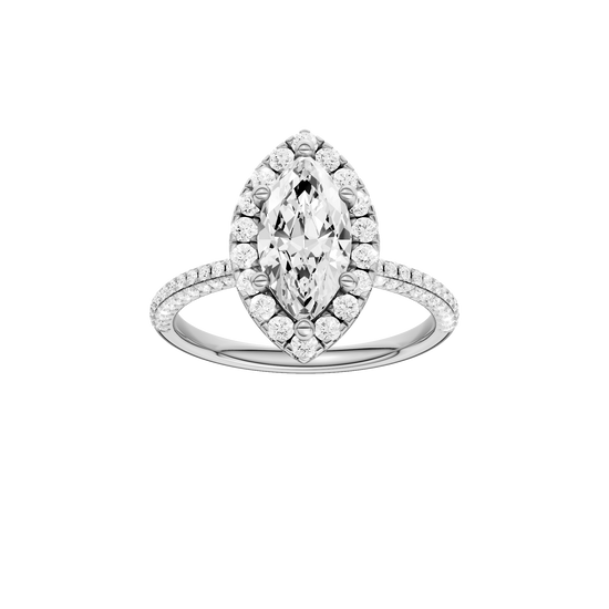 Marquise-cut diamond engagement ring with a pavé-set diamond band and halo setting.