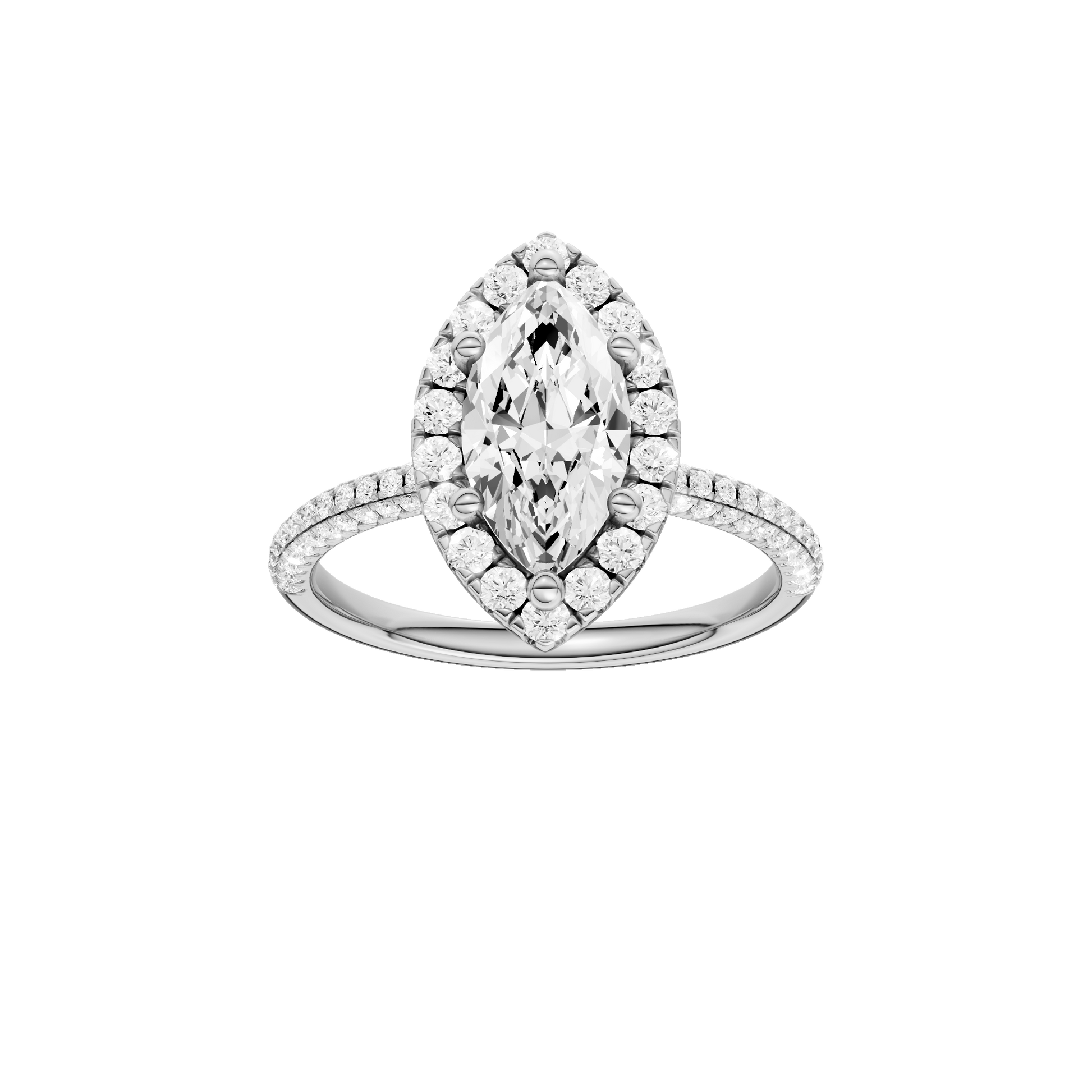 Marquise-cut diamond engagement ring with a pavé-set diamond band and halo setting.