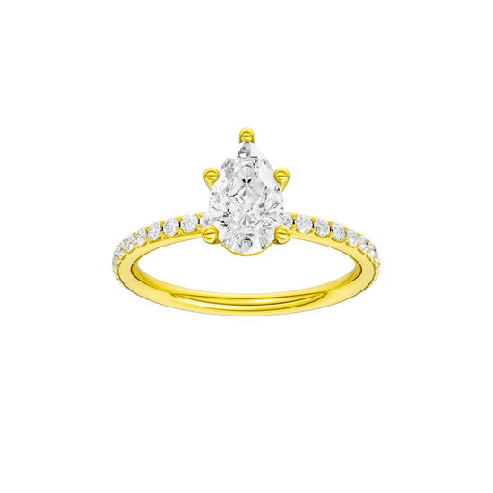 Pear-cut diamond engagement ring with a prong-set diamond band and solitaire setting.
