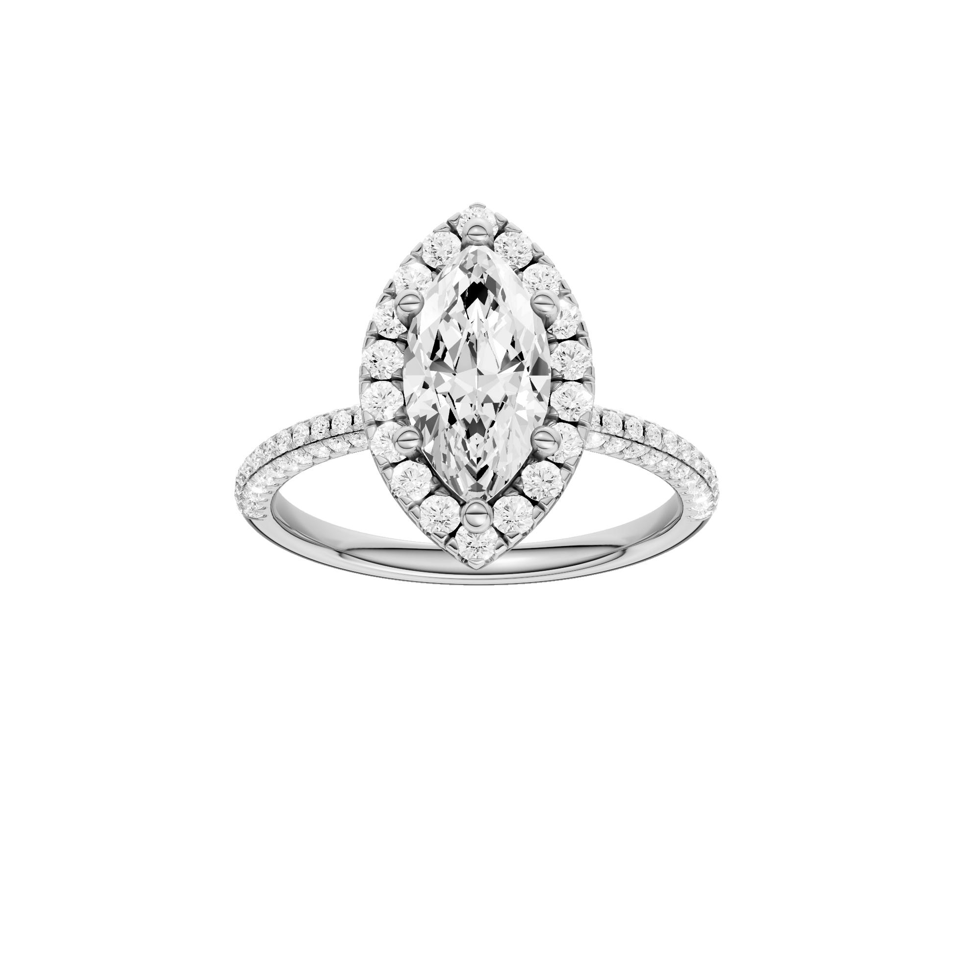 Marquise-cut diamond engagement ring with a pavé-set diamond band and halo setting.