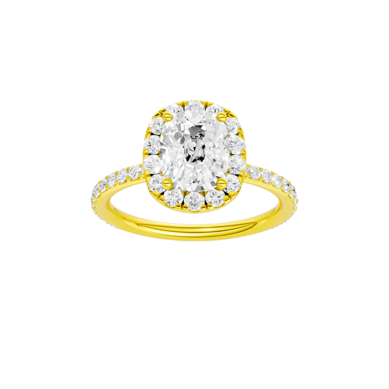 Elongated cushion-cut diamond engagement ring with a prong-set diamond band and halo setting.