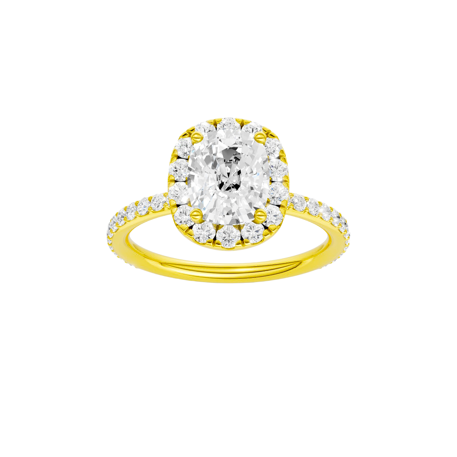 Elongated cushion-cut diamond engagement ring with a prong-set diamond band and halo setting.