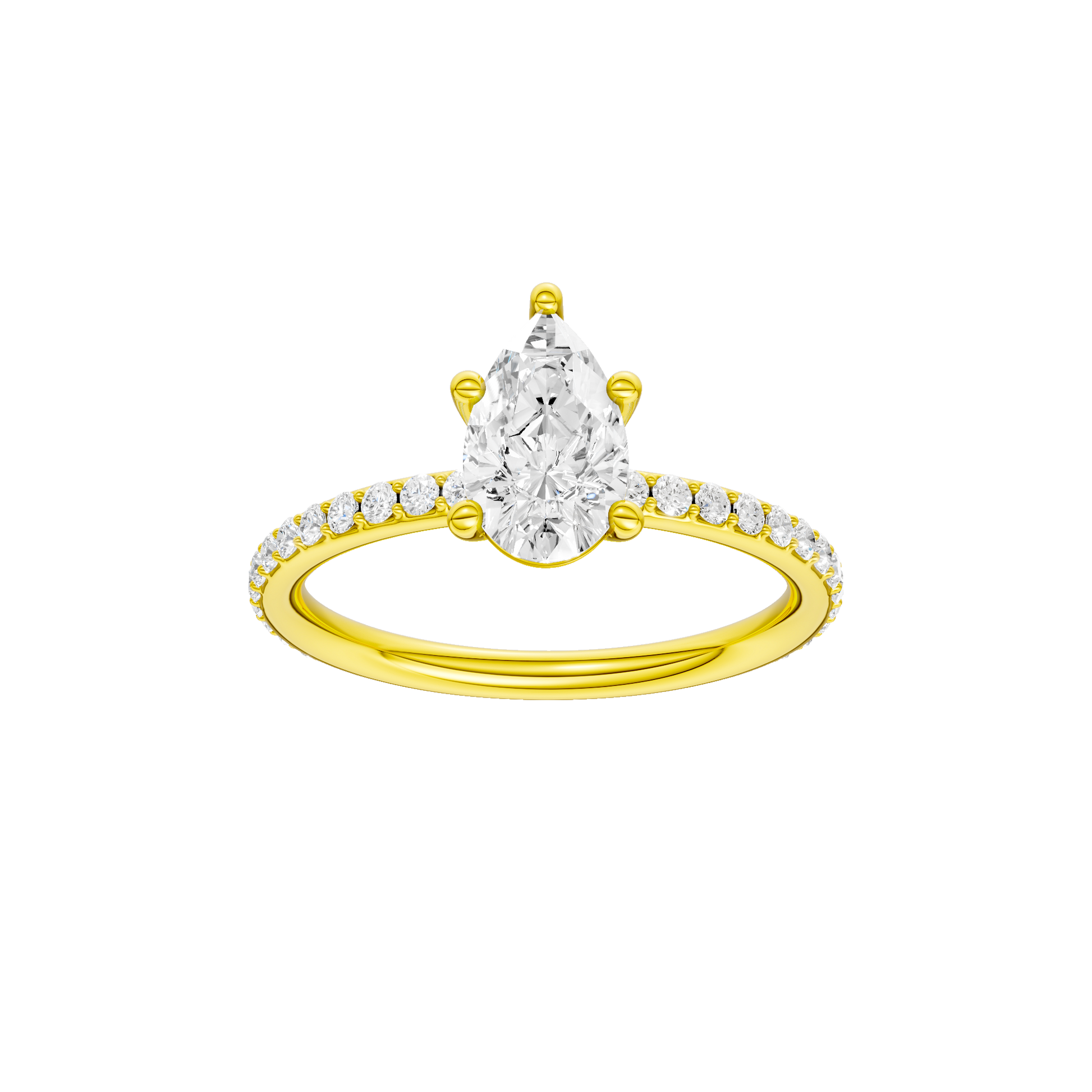 Pear-cut diamond engagement ring with a prong-set diamond band and solitaire setting.