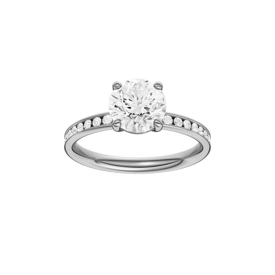 Round-cut diamond engagement ring with a channel-set diamond band and solitaire setting.