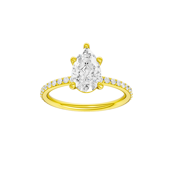 Pear-cut diamond engagement ring with a prong-set diamond band and solitaire setting.