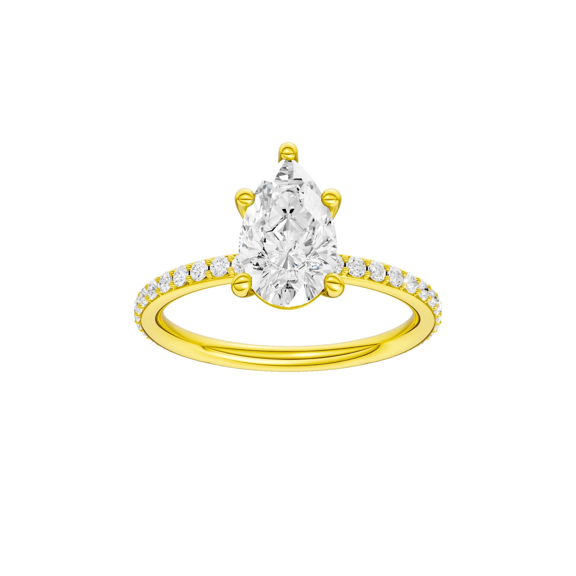 Pear-cut diamond engagement ring with a prong-set diamond band and solitaire setting.