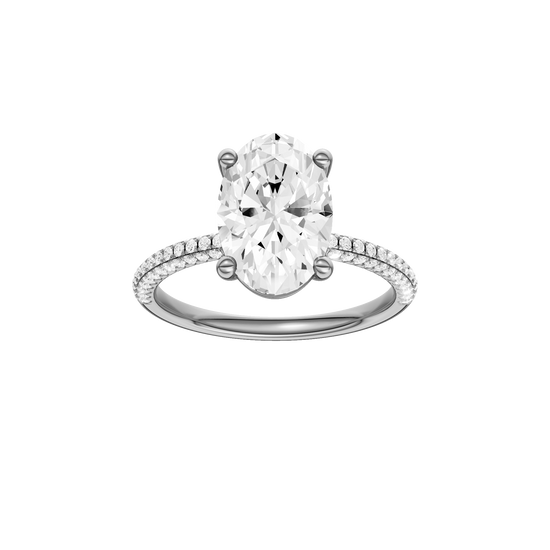 Oval-cut diamond engagement ring with a pavé-set diamond band and solitaire setting.