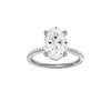 Oval-cut diamond engagement ring with a pavé-set diamond band and solitaire setting.