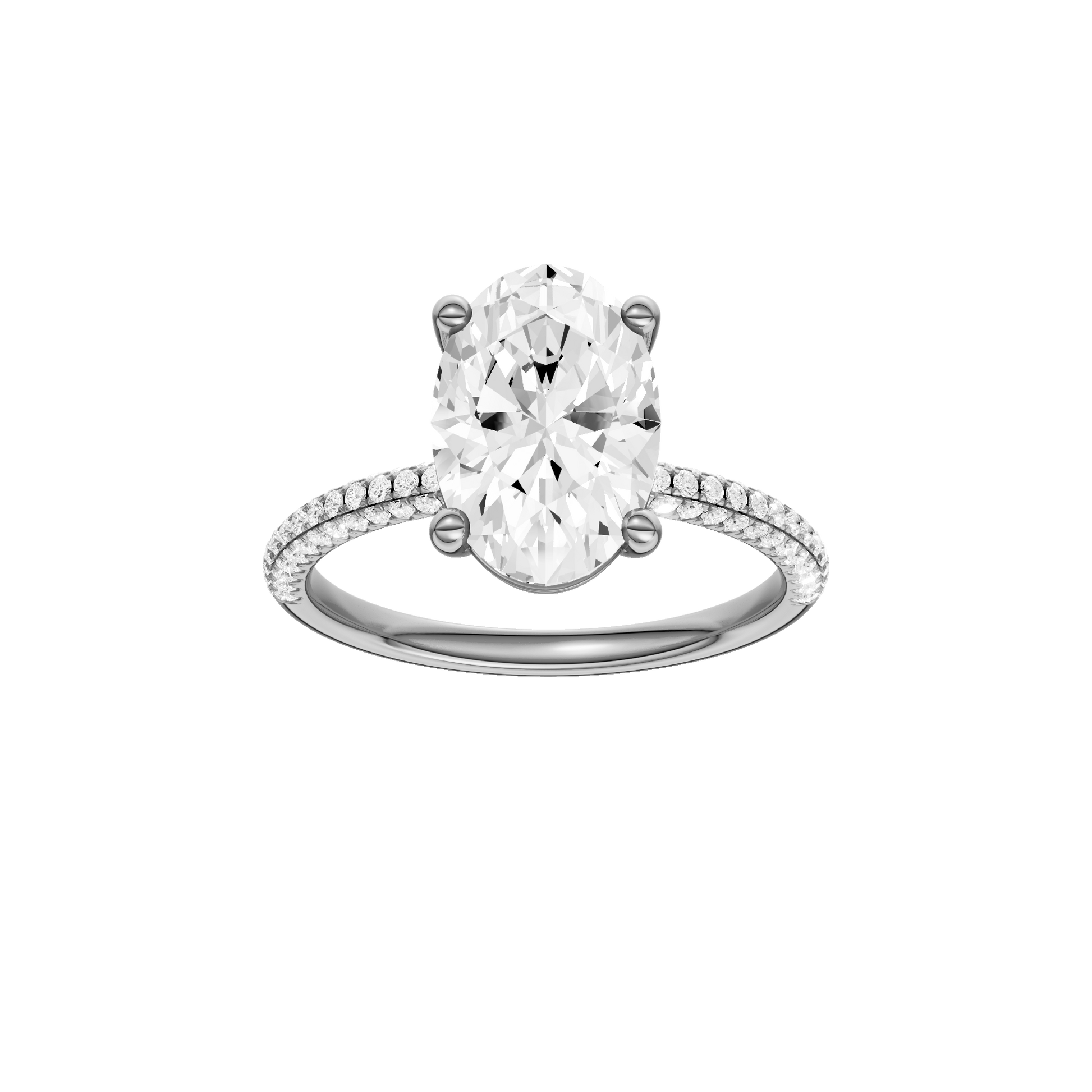Oval-cut diamond engagement ring with a pavé-set diamond band and solitaire setting.