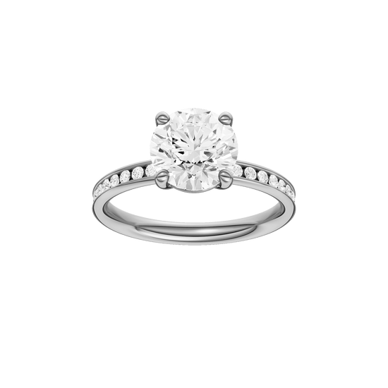 Round-cut diamond engagement ring with a channel-set diamond band and solitaire setting.