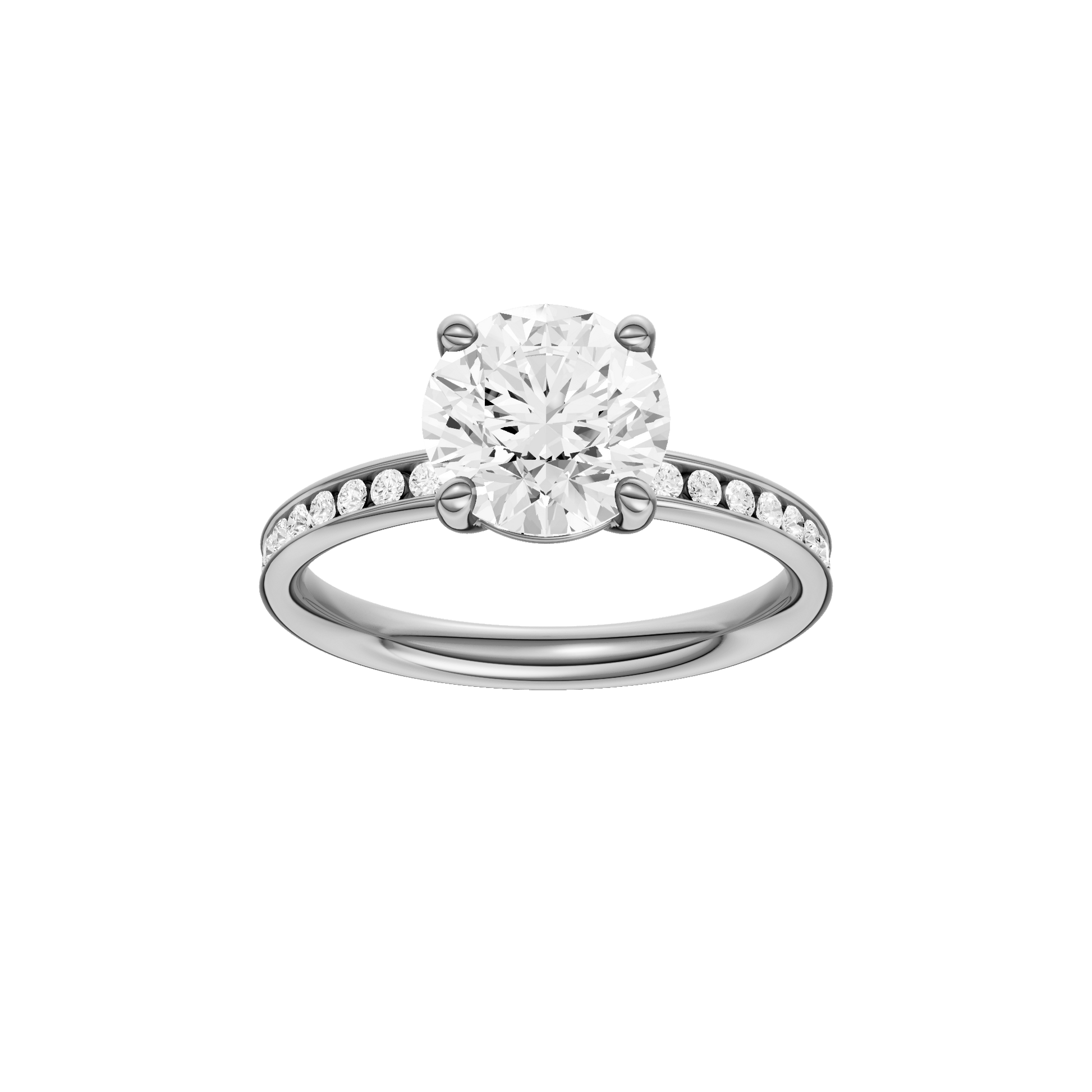 Round-cut diamond engagement ring with a channel-set diamond band and solitaire setting.