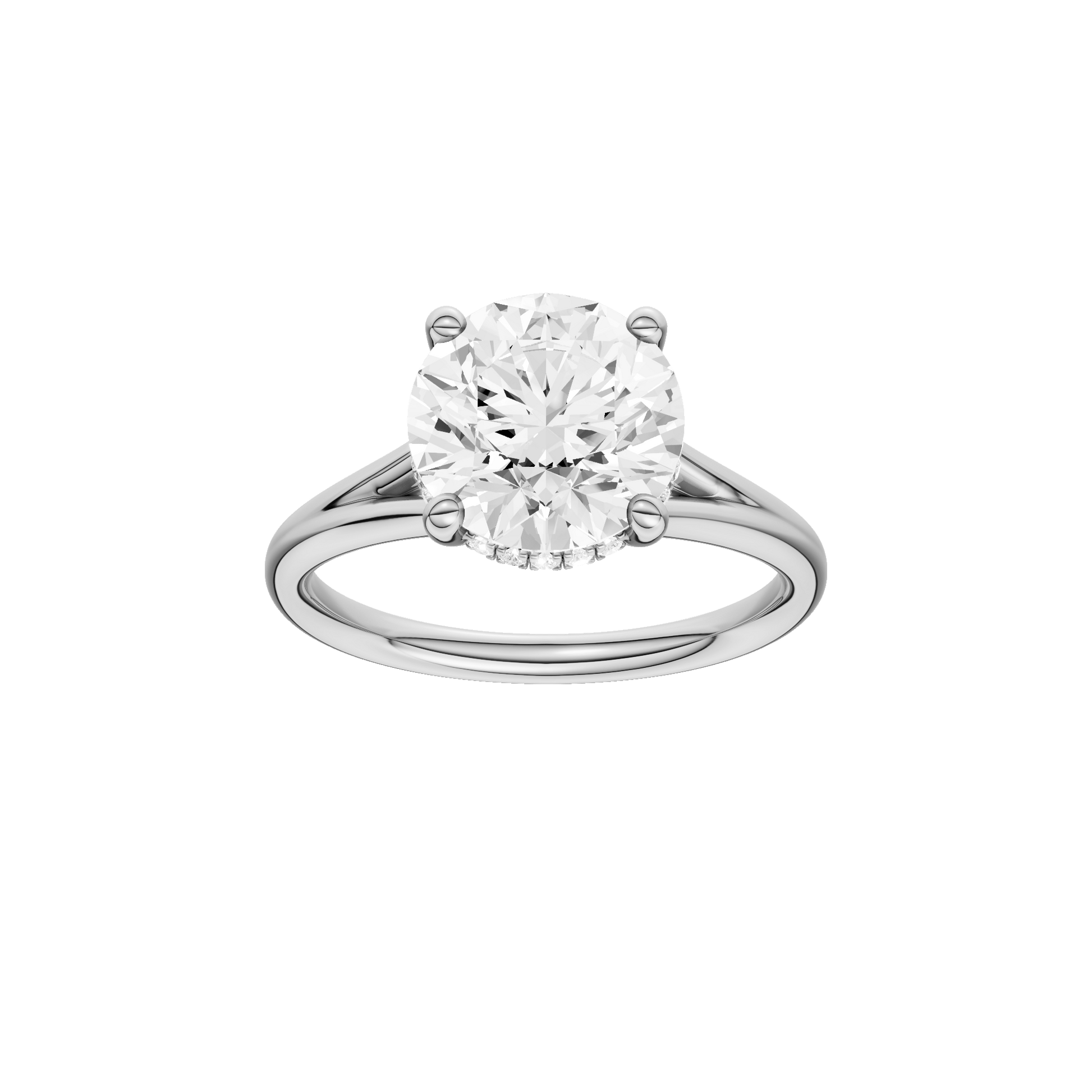 Round-cut diamond engagement ring with a plain band and hidden-halo setting.