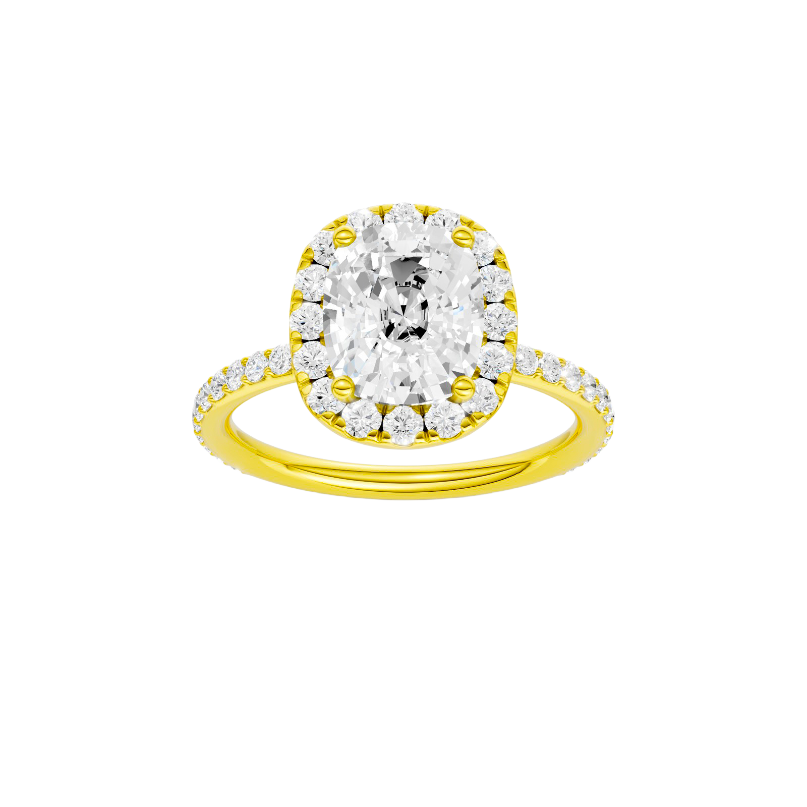 Elongated cushion-cut diamond engagement ring with a prong-set diamond band and halo setting.