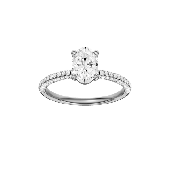 Oval-cut diamond engagement ring with a pavé-set diamond band and solitaire setting.