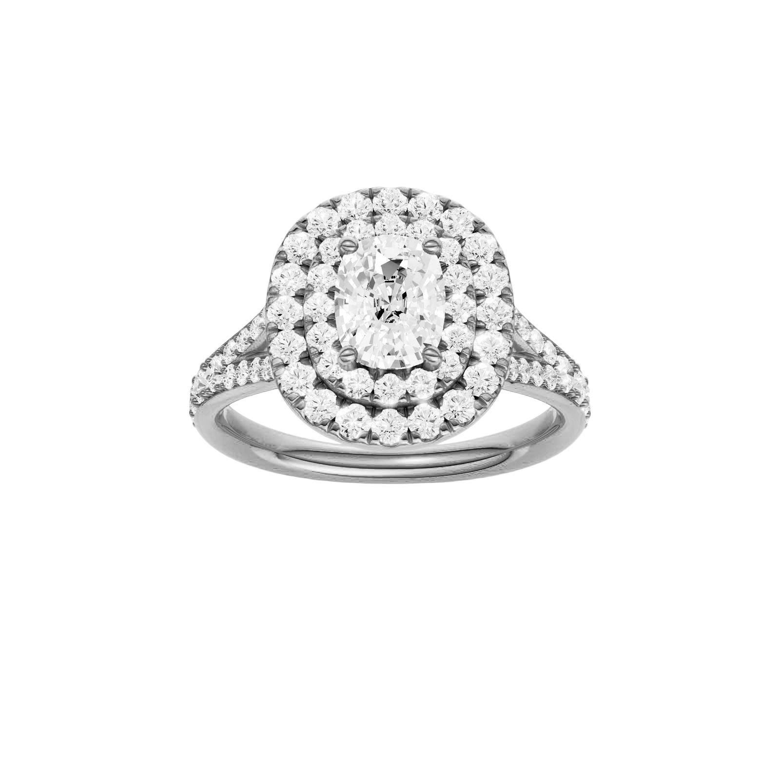 Elongated cushion-cut diamond engagement ring with a channel-set diamond band and double-halo setting.