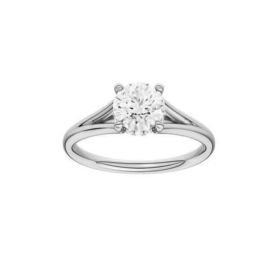 Round-cut diamond engagement ring with a plain band and hidden-halo setting.