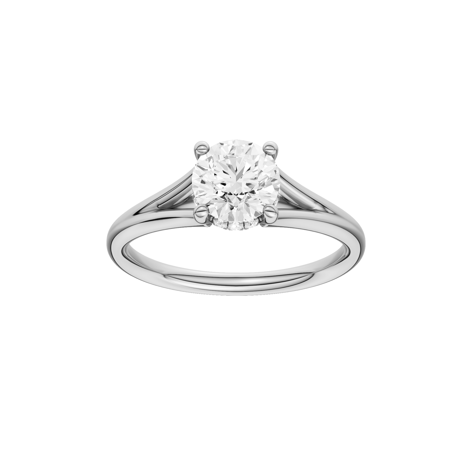Round-cut diamond engagement ring with a plain band and hidden-halo setting.