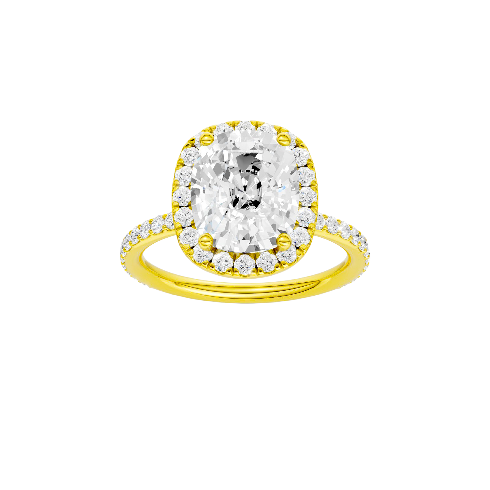 Elongated cushion-cut diamond engagement ring with a prong-set diamond band and halo setting.