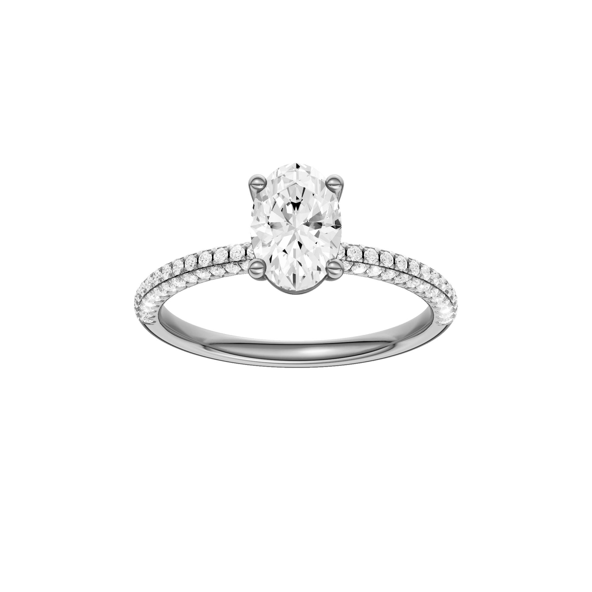 Oval-cut diamond engagement ring with a pavé-set diamond band and solitaire setting.