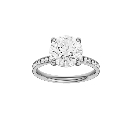 Round-cut diamond engagement ring with a channel-set diamond band and solitaire setting.