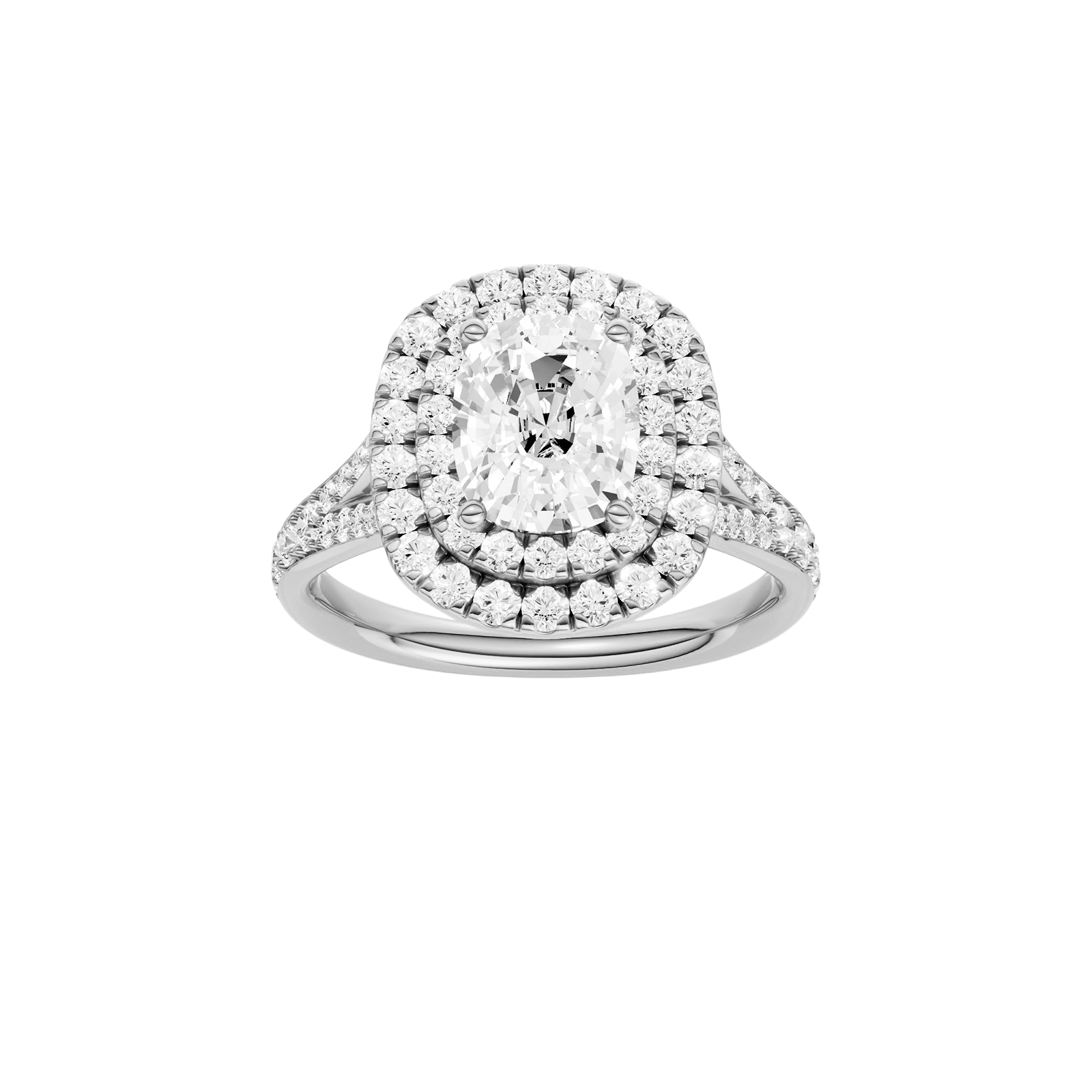 Elongated cushion-cut diamond engagement ring with a channel-set diamond band and double-halo setting.