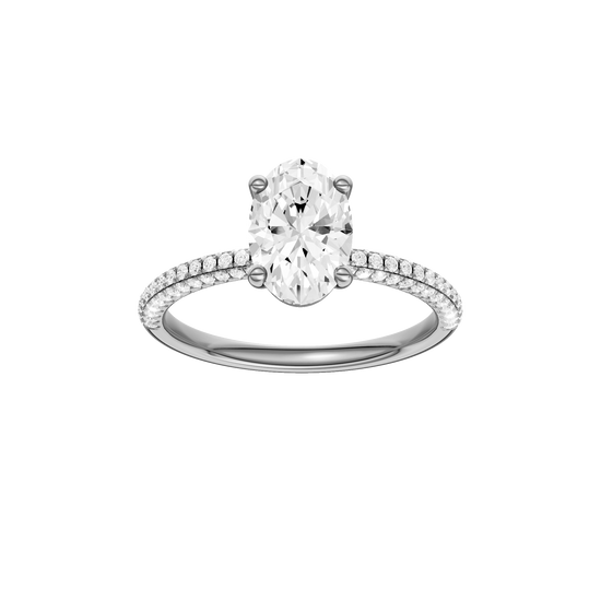 Oval-cut diamond engagement ring with a pavé-set diamond band and solitaire setting.