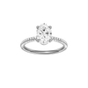 Oval-cut diamond engagement ring with a pavé-set diamond band and solitaire setting.