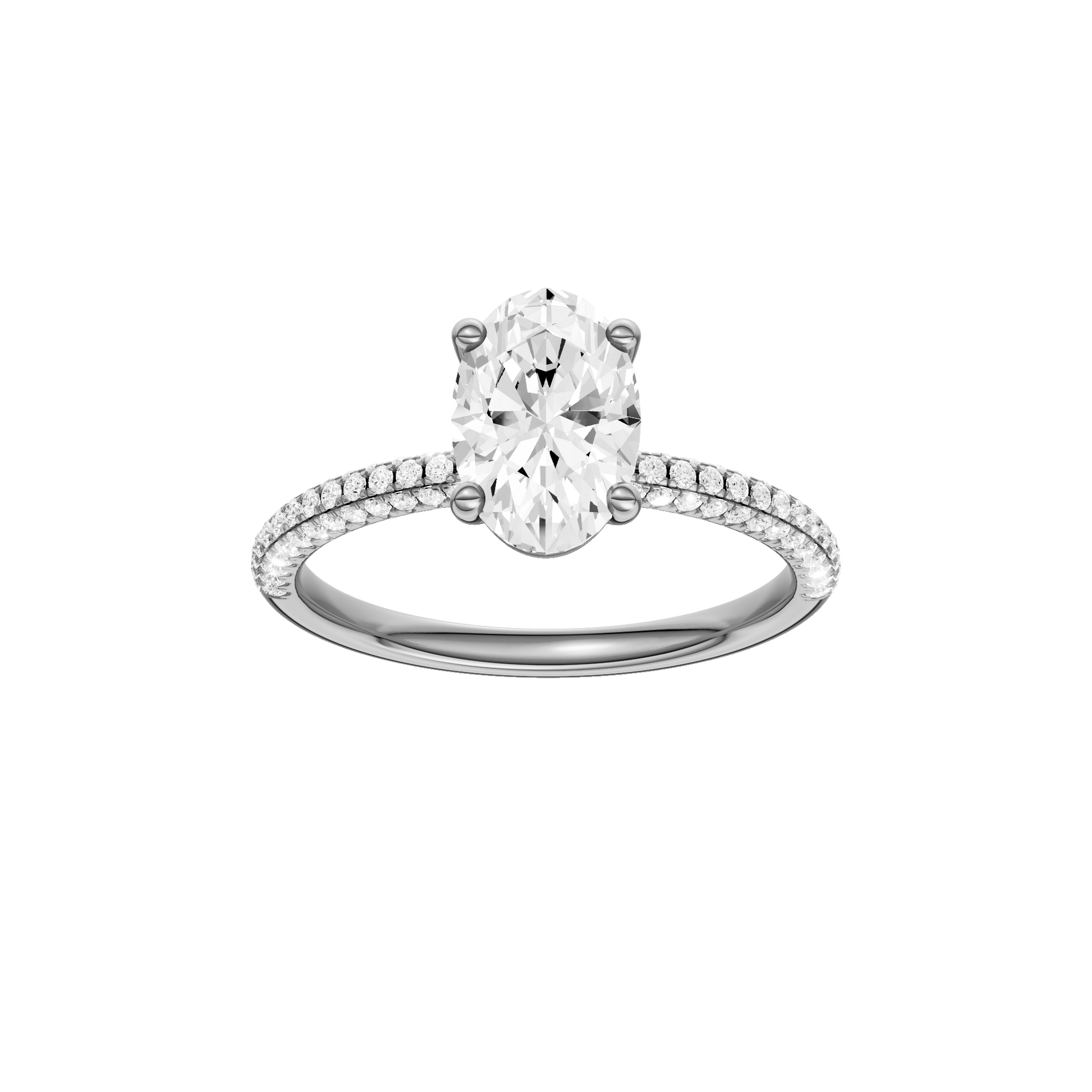 Oval-cut diamond engagement ring with a pavé-set diamond band and solitaire setting.