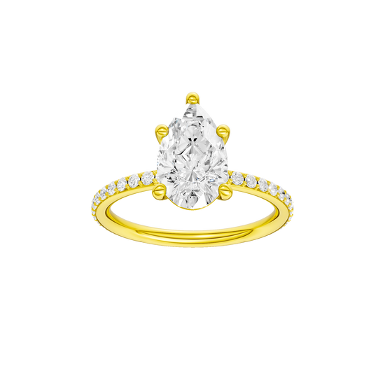 Pear-cut diamond engagement ring with a prong-set diamond band and solitaire setting.