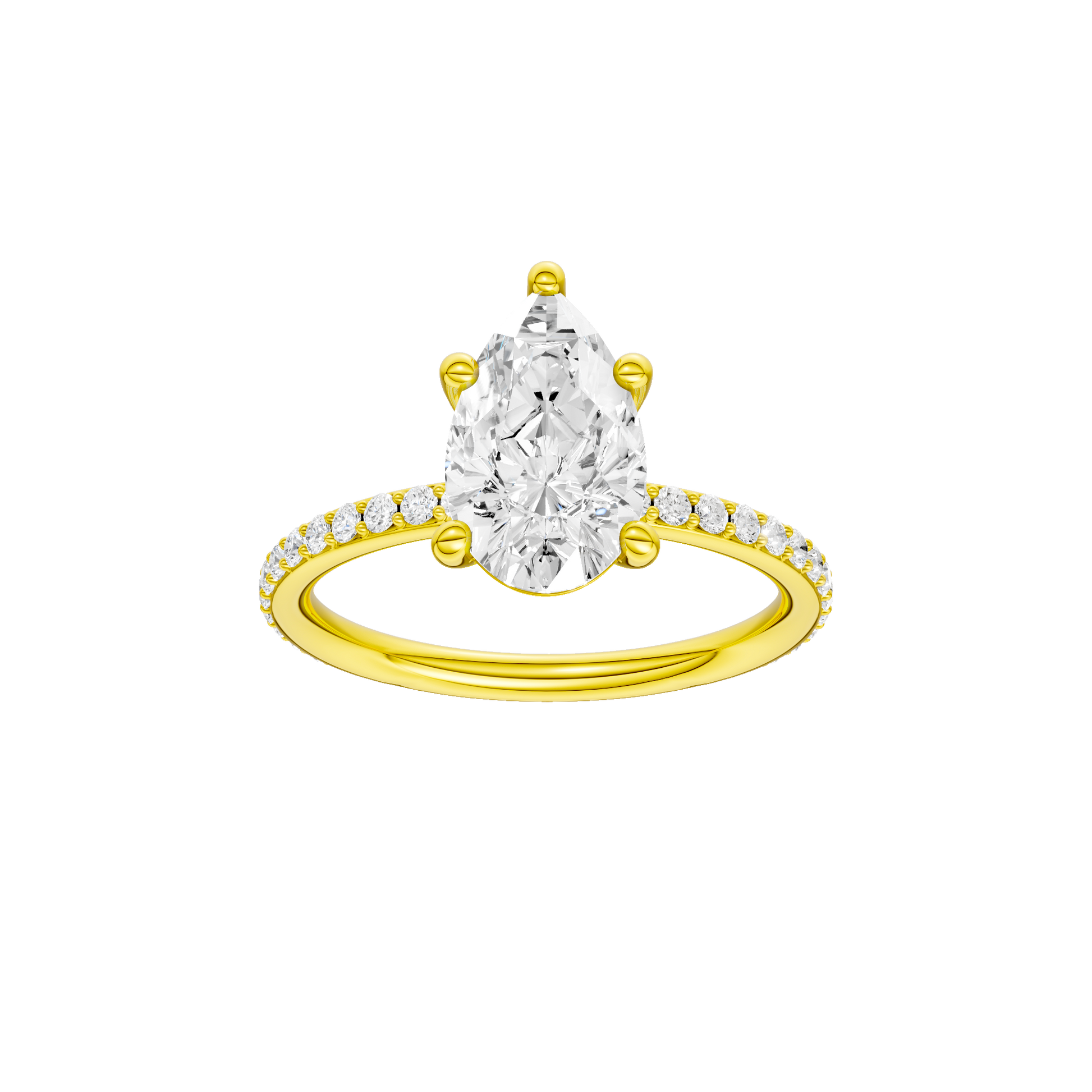 Pear-cut diamond engagement ring with a prong-set diamond band and solitaire setting.