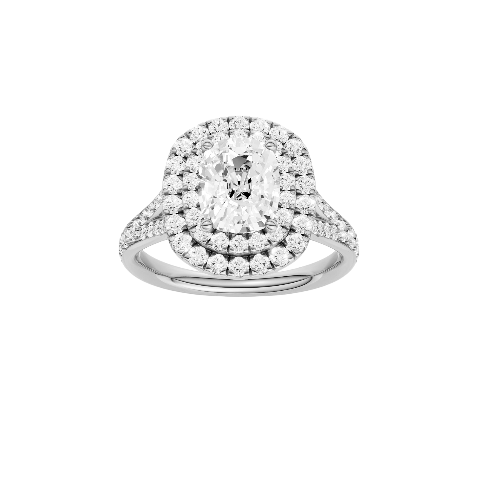 Elongated cushion-cut diamond engagement ring with a channel-set diamond band and double-halo setting.