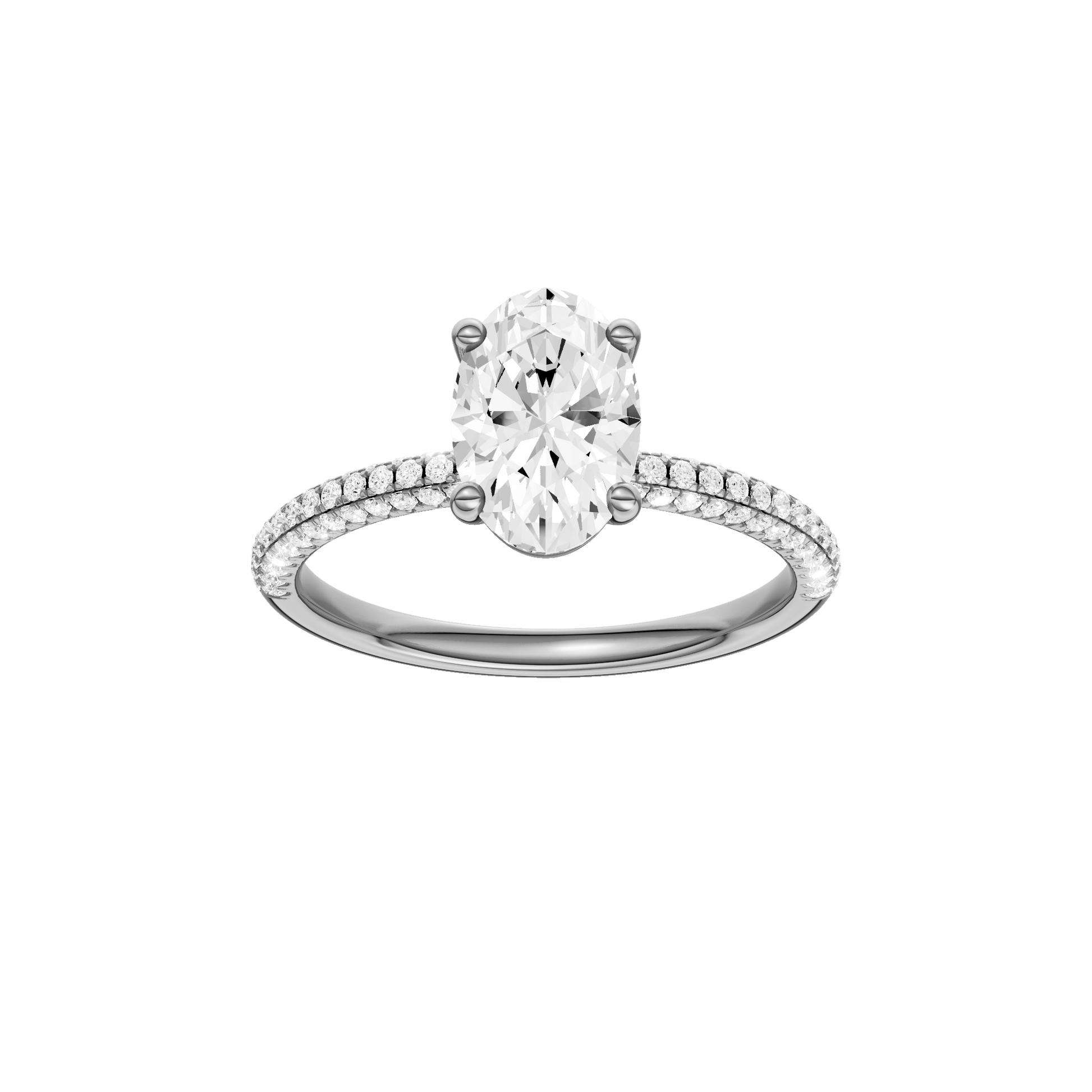 Oval-cut diamond engagement ring with a pavé-set diamond band and solitaire setting.