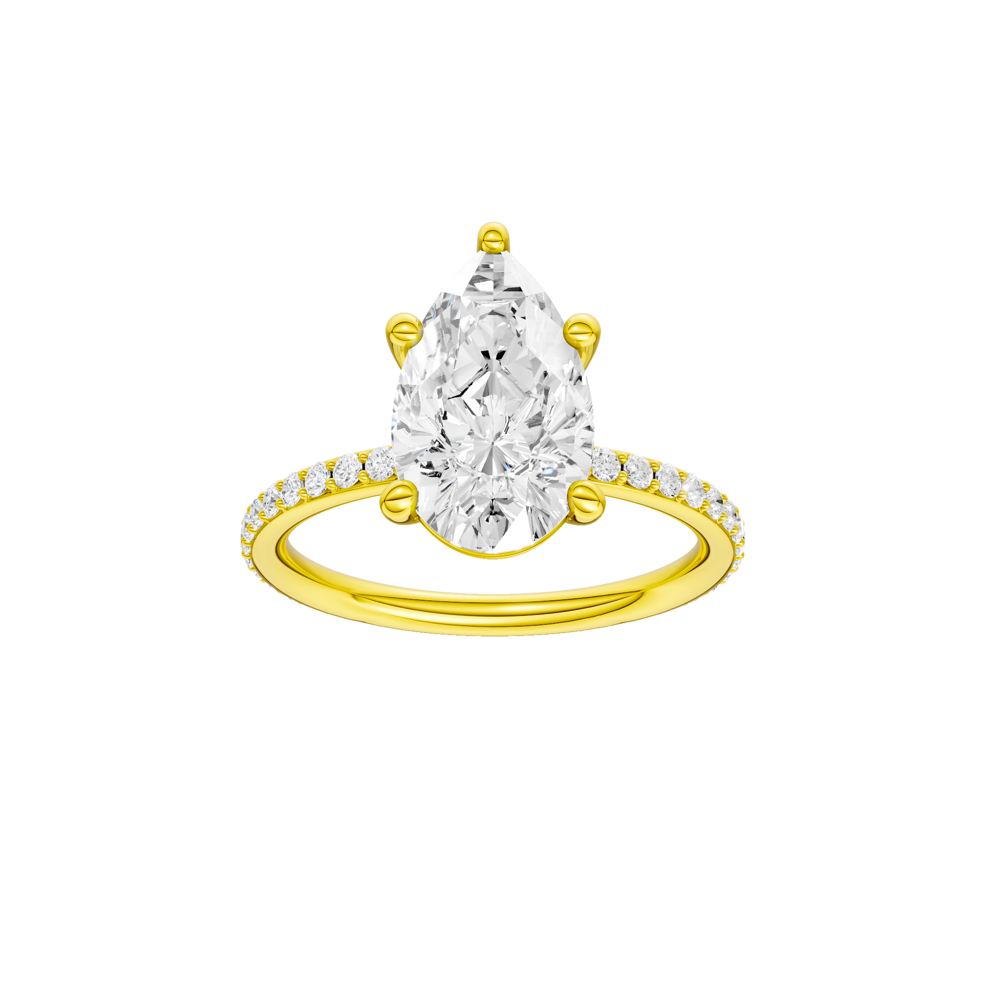 Pear-cut diamond engagement ring with a prong-set diamond band and solitaire setting.