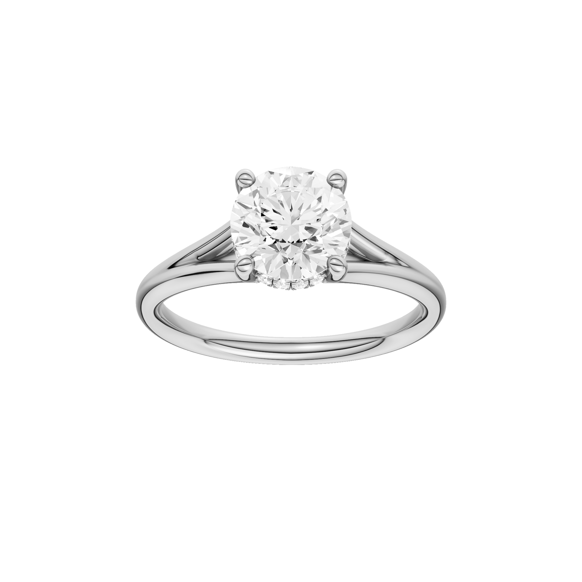 Round-cut diamond engagement ring with a plain band and hidden-halo setting.