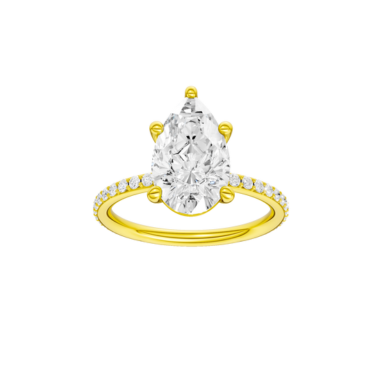 Pear-cut diamond engagement ring with a prong-set diamond band and solitaire setting.