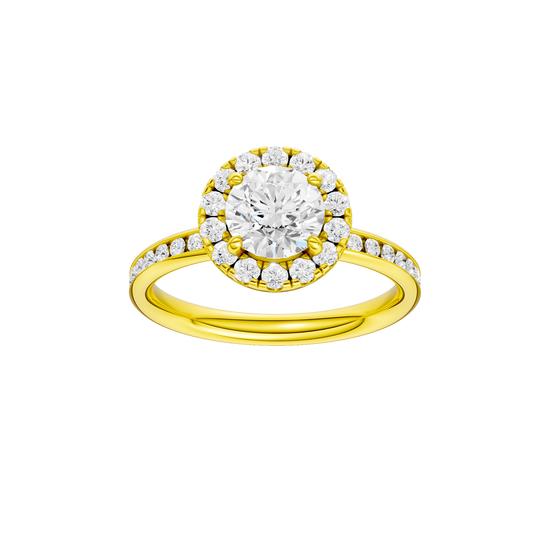 Round-cut diamond engagement ring with a channel-set diamond band and halo setting.