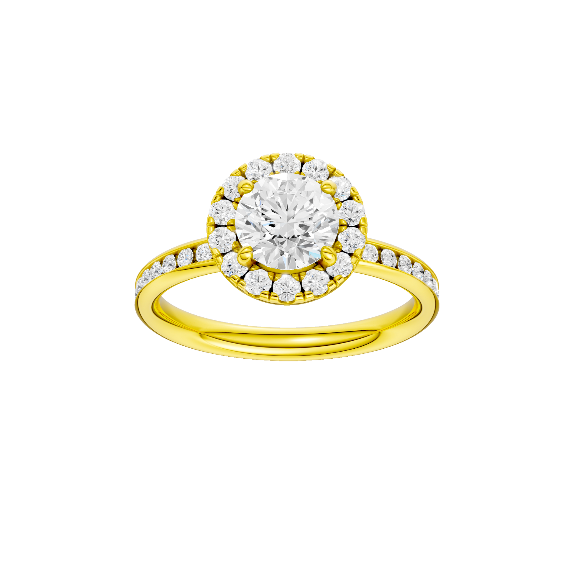 Round-cut diamond engagement ring with a channel-set diamond band and halo setting.