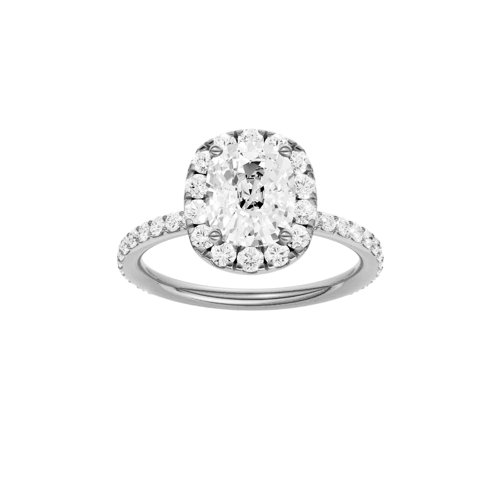 Elongated cushion-cut diamond engagement ring with a prong-set diamond band and halo setting.