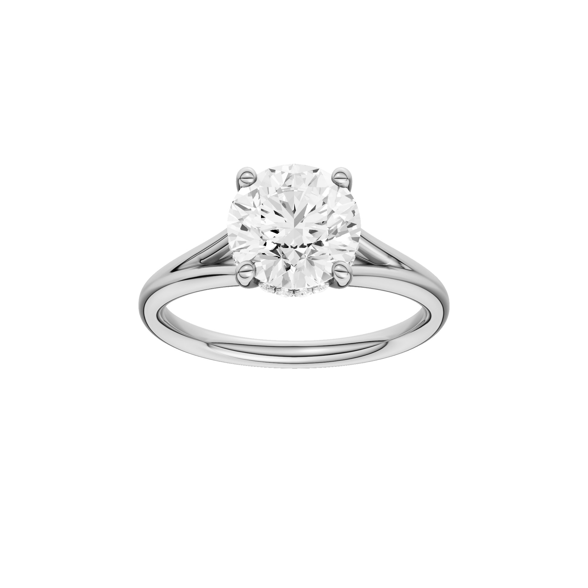 Round-cut diamond engagement ring with a plain band and hidden-halo setting.