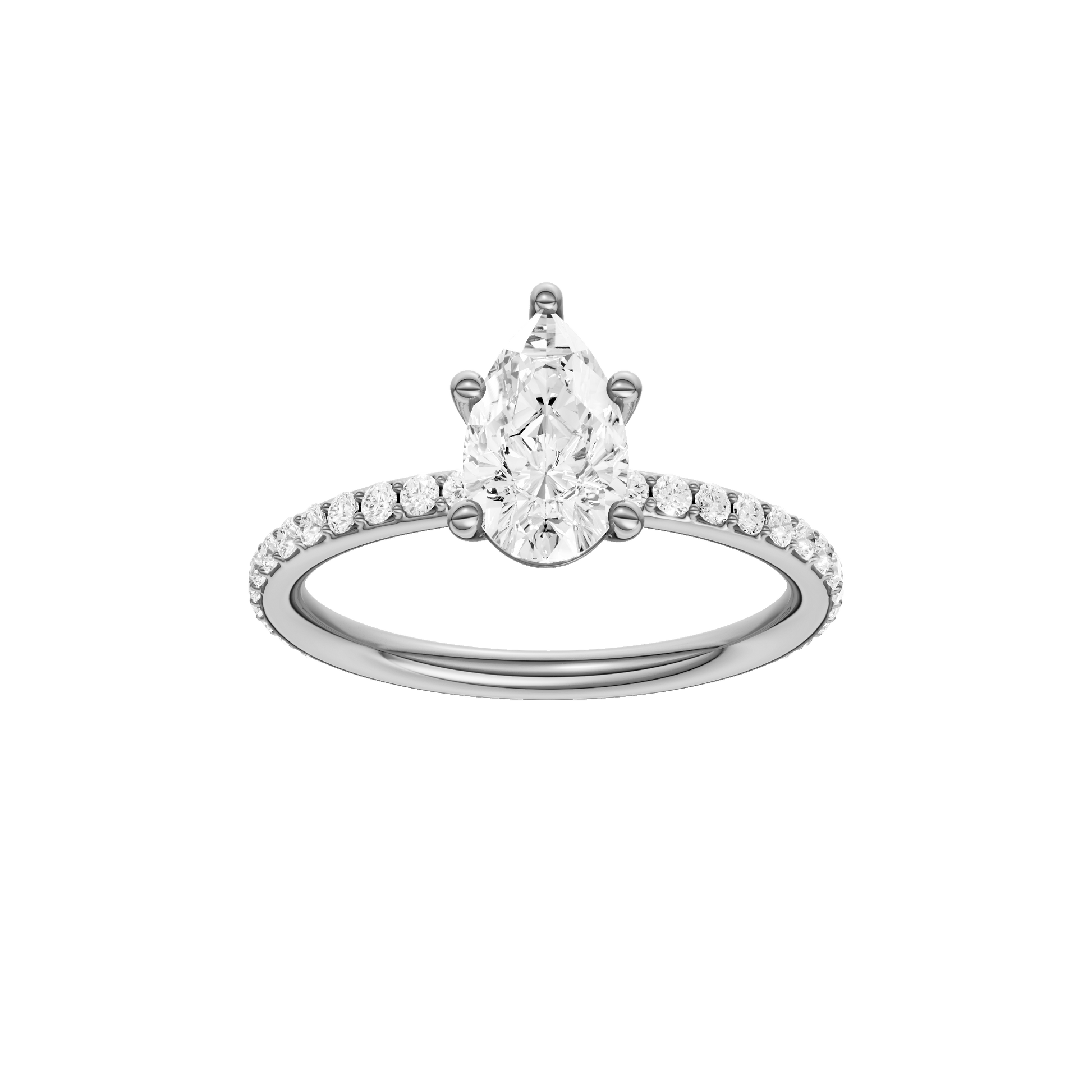Pear-cut diamond engagement ring with a prong-set diamond band and solitaire setting.