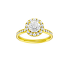 Round-cut diamond engagement ring with a channel-set diamond band and halo setting.
