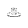 Oval-cut diamond engagement ring with a pavé-set diamond band and solitaire setting.