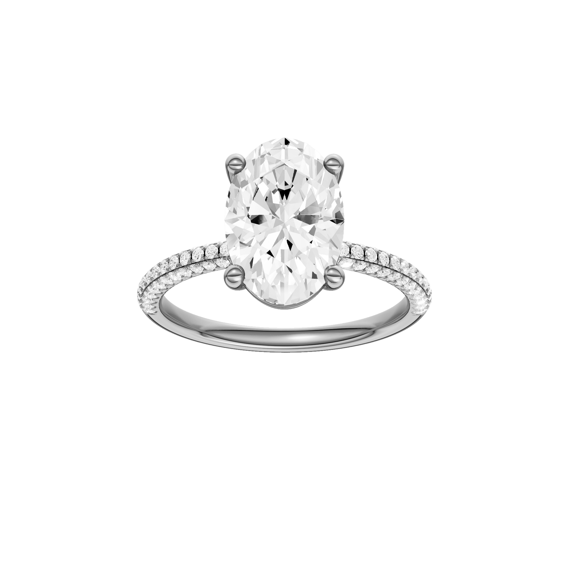 Oval-cut diamond engagement ring with a pavé-set diamond band and solitaire setting.