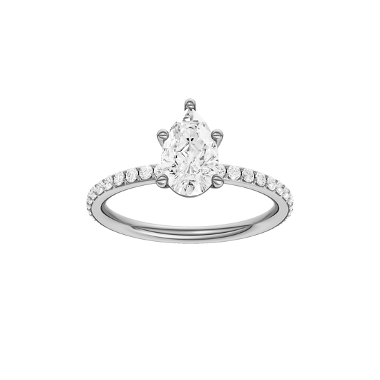 Pear-cut diamond engagement ring with a prong-set diamond band and solitaire setting.