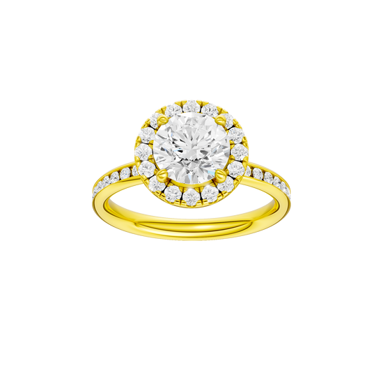 Round-cut diamond engagement ring with a channel-set diamond band and halo setting.
